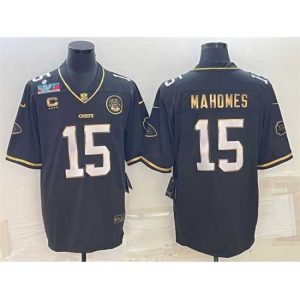 Superior Kansas City Chiefs 15 Patrick Mahomes Black Gold Super Bowl LVII Patch And 4 Star C Patch Vapor Untouchable Limited Stitched Jersey