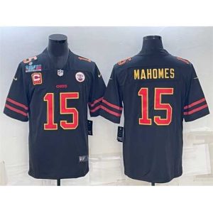 Finest Kansas City Chiefs 15 Patrick Mahomes Black Red Gold Super Bowl LVII Patch And 4 Star C Patch Vapor Untouchable Limited Stitched Jersey