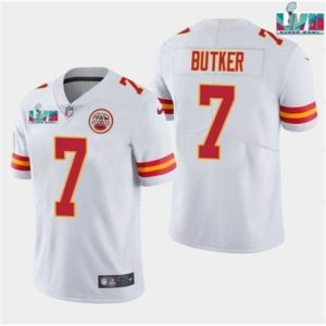 Marvelous Kansas City Chiefs 7 Harrison Butker White Super Bowl LVII Patch Vapor Untouchable Limited Stitched Jersey