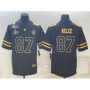 Premium Kansas City Chiefs 87 Travis Kelce Black Golden Super Bowl LV And Super Bowl LVII Patch Vapor Limited Stitched Jersey