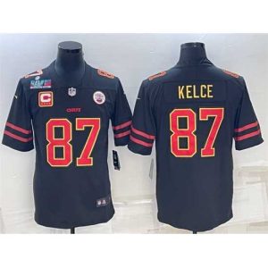 Premium Kansas City Chiefs 87 Travis Kelce Black Red Gold Super Bowl LVII Patch And 4 Star C Patch Vapor Untouchable Limited Stitched Jersey