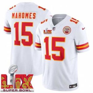 Superb Kansas City Chiefs Patrick Mahomes #15 White 2024 2025 Super Bowl LIX F.U.S.E Stitched Jersey