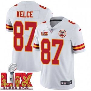 Exceptional Kansas City Chiefs Travis Kelce #87 White 2024 2025 Super Bowl LIX F.U.S.E Stitched Jersey