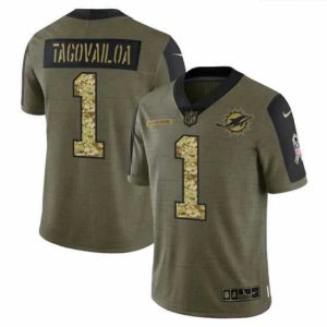 Gorgeous Miami Dolphins 1 Tua Tagovailoa 2021 Salute To Service Olive Camo Limited Stitched Jersey