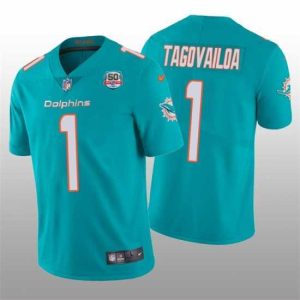 Premium Miami Dolphins 1 Tua Tagovailoa 2022 Aqua With 50th Perfect Season Patch Limited Stitched Jersey