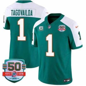 High quality Miami Dolphins 1 Tua Tagovailoa Aqua White 2023 F.U.S.E With 1 Star C Patch And 50th Perfect Season Patch Vapor Limited Stitched Football Jersey