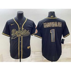Exquisite Miami Dolphins 1 Tua Tagovailoa Black Gold With Patch Cool Base Stitched Baseball Jersey