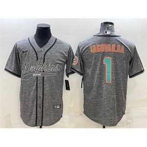 Exquisite Miami Dolphins 1 Tua Tagovailoa Grey With Patch Cool Base Stitched Baseball Jersey