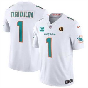 High quality Miami Dolphins 1 Tua Tagovailoa White 2023 F.U.S.E  With 2 Star C Patch And John Madden Patch Vapor Limited Stitched Football Jersey