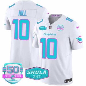 Exceptional Miami Dolphins 10 Tyreek Hill White F.U.S.E With 347 Shula Patch And 50th Perfect Season Patch Vapor Limited Stitched Football Jersey