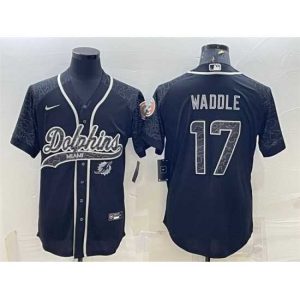 Superior Miami Dolphins 17 Jaylen Waddle Black Reflective With Patch Cool Base Stitched Baseball Jersey