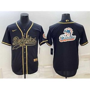 Superb Miami Dolphins Black Gold Team Big Logo With Patch Cool Base Stitched Baseball Jersey