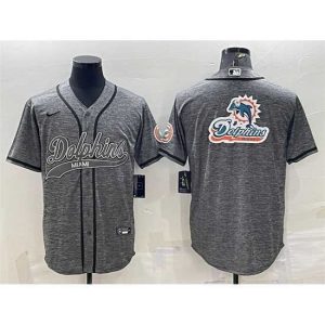 Finest Miami Dolphins Grey Team Big Logo With Patch Cool Base Stitched Baseball Jersey