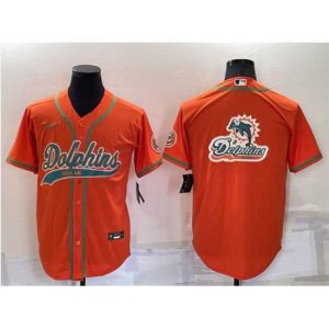 Outstanding Miami Dolphins Orange Team Big Logo With Patch Cool Base Stitched Baseball Jersey