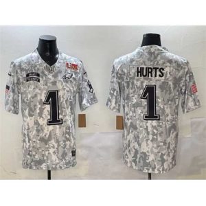 High quality Philadelphia Eagles 1 Jalen Hurts Arctic Camo 2025 Super Bowl LIX Patch F.U.S.E Salute To Service Limited Stitched Football Jersey