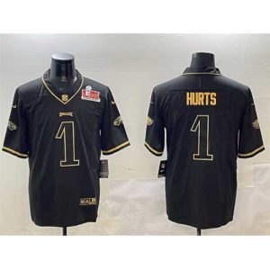 Superb Philadelphia Eagles 1 Jalen Hurts Black Gold 2025 Super Bowl LIX Patch Salute To Service Vapor Untouchable Limited Stitched Football Jersey