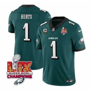 Finest Philadelphia Eagles 1 Jalen Hurts Green 2025 Eagles Logo Super Bowl LIX Patch With 4 Star C Patch New F.U.S.E  Vapor Untouchable Limited Stitched Footb