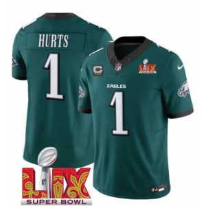 Superb Philadelphia Eagles 1 Jalen Hurts Green 2025 Super Bowl LIX Patch With 3 Star C Patch New F.U.S.E  Vapor Untouchable Limited Stitched Football Jersey
