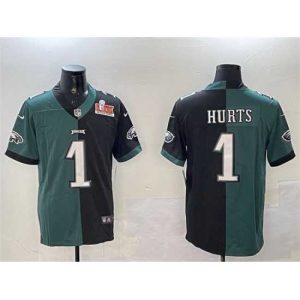 High quality Philadelphia Eagles 1 Jalen Hurts Green  26 Black Split 2025 Super Bowl LIX Patch Vapor Untouchable Limited Stitched Football Jersey