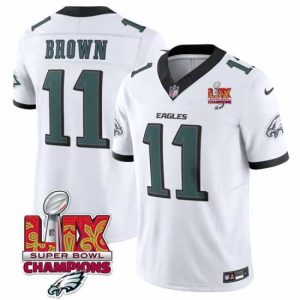 Finest Philadelphia Eagles 11 A J  Brown White 2025 Eagles Logo Super Bowl LIX Patch New F.U.S.E  Vapor Untouchable Limited Stitched Football Jersey