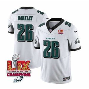 Outstanding Philadelphia Eagles 26 Saquon Barkley White 2025 Eagles Logo Super Bowl LIX Patch New F.U.S.E  Vapor Untouchable Limited Stitched Football Jersey