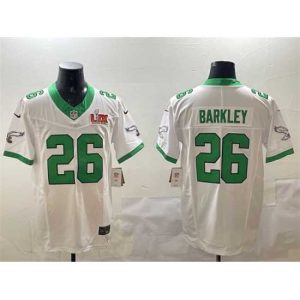 Exquisite Philadelphia Eagles 26 Saquon Barkley White 2025 Super Bowl LIX Patch F.U.S.E  Vapor Untouchable Limited Stitched Football Jersey
