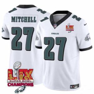 Outstanding Philadelphia Eagles 27 Quinyon Mitchell White 2025 Eagles Logo Super Bowl LIX Patch New F.U.S.E  Vapor Limited Stitched Football Jersey