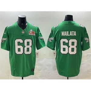 Superb Philadelphia Eagles 68 Jordan Mailata Green 2025 Super Bowl LIX Patch F.U.S.E  Throwback Vapor Untouchable Limited Stitched Football Jersey