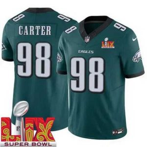 Exceptional Philadelphia Eagles Jalen Carter #98 Green 2024 2025 Super Bowl LIX F.U.S.E Stitched NFL Jersey