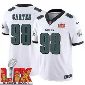 Gorgeous Philadelphia Eagles Jalen Carter #98 White 2024 2025 Super Bowl LIX F.U.S.E Stitched NFL Jersey
