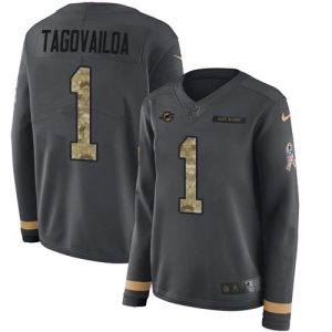 Superb Dolphins #1 Tua Tagovailoa Anthracite Salute to Service Women's Stitched NFL Limited Therma Long Sleeve Jersey