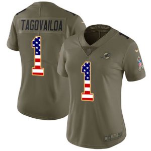Exquisite Dolphins #1 Tua Tagovailoa Olive/USA Flag Women's Stitched NFL Limited 2017 Salute To Service Jersey