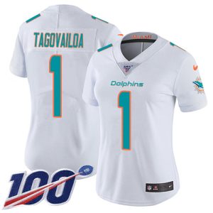 Superb Dolphins #1 Tua Tagovailoa White Women's Stitched NFL 100th Season Vapor Untouchable Limited Jersey