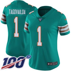 Gorgeous Dolphins #1 Tua Tagovailoa Aqua Green Alternate Women's Stitched NFL 100th Season Vapor Untouchable Limited Jersey