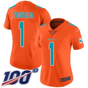 Outstanding Dolphins #1 Tua Tagovailoa Orange Women's Stitched NFL Limited Inverted Legend 100th Season Jersey