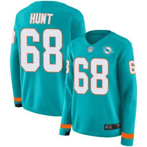 Exceptional Dolphins #68 Robert Hunt Aqua Green Team Color Women's Stitched NFL Limited Therma Long Sleeve Jersey