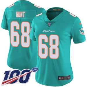 Finest Dolphins #68 Robert Hunt Aqua Green Team Color Women's Stitched NFL 100th Season Vapor Untouchable Limited Jersey