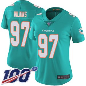 Finest Dolphins #97 Christian Wilkins Aqua Green Team Color Women's Stitched NFL 100th Season Vapor Limited Jersey