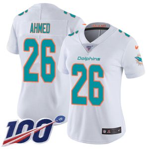 Gorgeous Dolphins #26 Salvon Ahmed White Women's Stitched NFL 100th Season Vapor Untouchable Limited Jersey