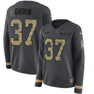 Exceptional Dolphins #37 Myles Gaskin Anthracite Salute to Service Women's Stitched NFL Limited Therma Long Sleeve Jersey