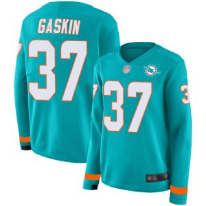Finest Dolphins #37 Myles Gaskin Aqua Green Team Color Women's Stitched NFL Limited Therma Long Sleeve Jersey