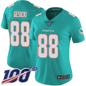 Finest Dolphins #88 Mike Gesicki Aqua Green Team Color Women's Stitched NFL 100th Season Vapor Untouchable Limited Jersey