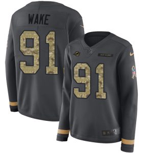 Outstanding Dolphins #91 Cameron Wake Anthracite Salute to Service Women's Stitched NFL Limited Therma Long Sleeve Jersey