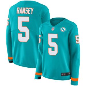 Outstanding Dolphins #5 Jalen Ramsey Aqua Green Team Color Women's Stitched NFL Limited Therma Long Sleeve Jersey