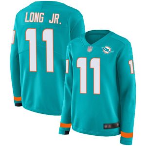 Gorgeous Dolphins #11 David Long Jr. Aqua Green Team Color Women's Stitched NFL Limited Therma Long Sleeve Jersey