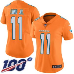 Finest Dolphins #11 David Long Jr. Orangen Women's Stitched NFL Limited Rush 100th Season Jersey