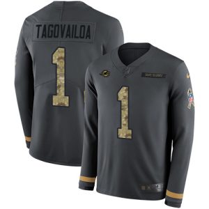 High quality Dolphins #1 Tua Tagovailoa Anthracite Salute to Service Youth Stitched NFL Limited Therma Long Sleeve Jersey