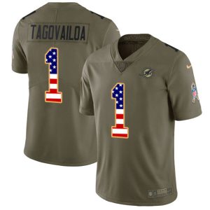 Exquisite Dolphins #1 Tua Tagovailoa Olive/USA Flag Youth Stitched NFL Limited 2017 Salute To Service Jersey