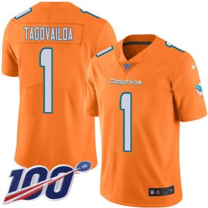 Superb Dolphins #1 Tua Tagovailoa Orange Youth Stitched NFL Limited Rush 100th Season Jersey