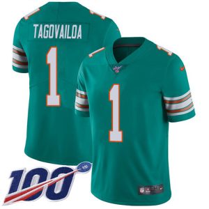 High quality Dolphins #1 Tua Tagovailoa Aqua Green Alternate Youth Stitched NFL 100th Season Vapor Untouchable Limited Jersey